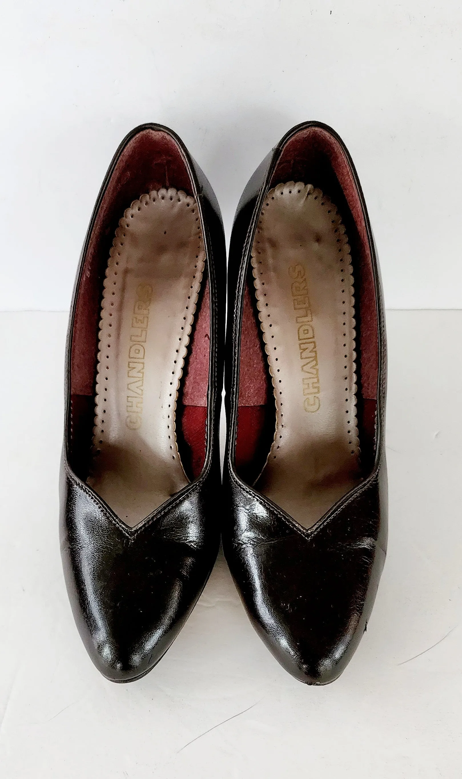 80s Brown Leather Pumps High Heels with Bow Clips by Chandlers Size 7 / Vegan / Original Box