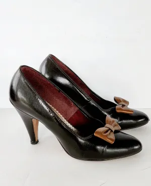 80s Brown Leather Pumps High Heels with Bow Clips by Chandlers Size 7 / Vegan / Original Box
