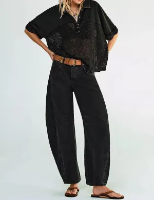 Black Mid Rise Wide Leg Barrel Jeans