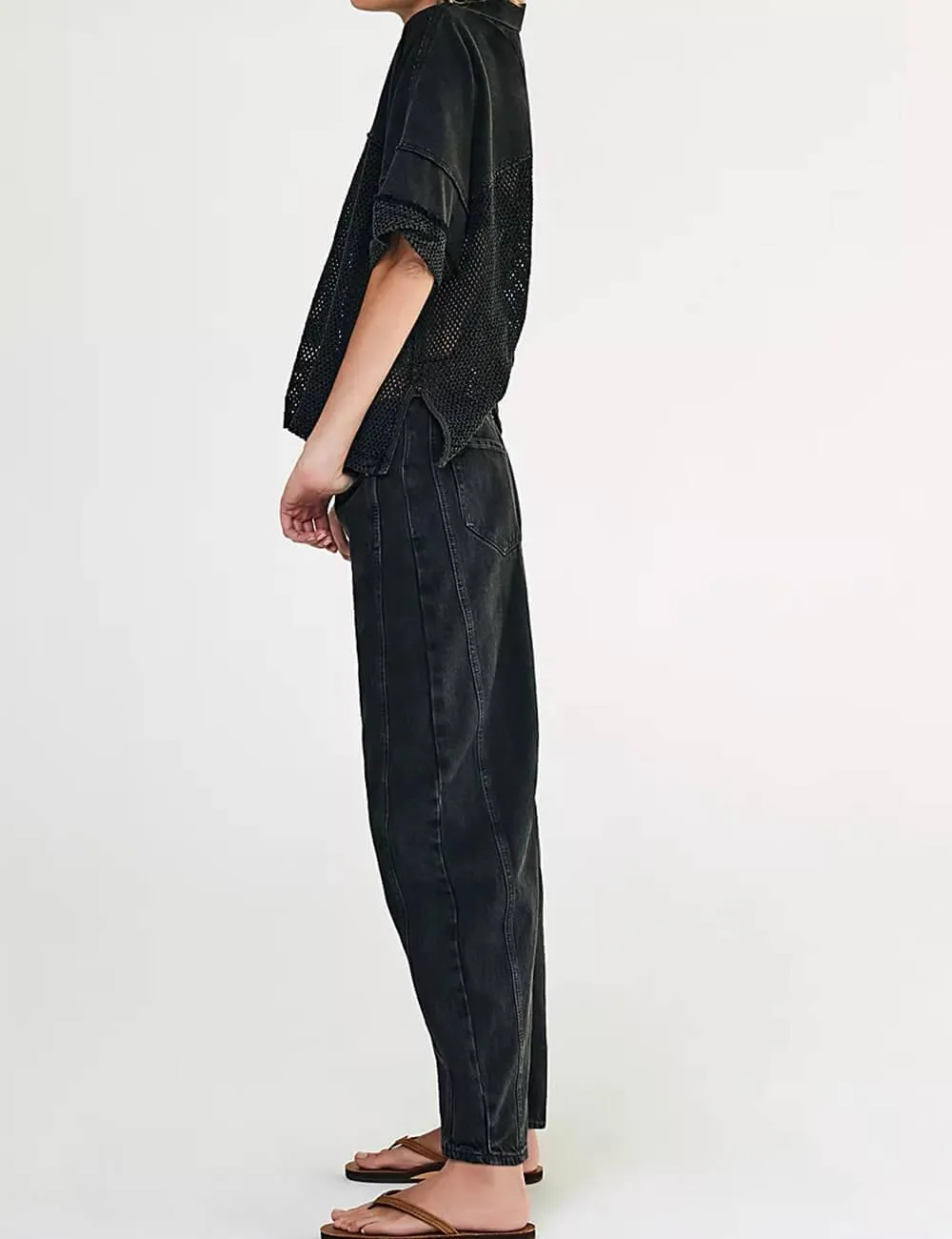 Black Mid Rise Wide Leg Barrel Jeans