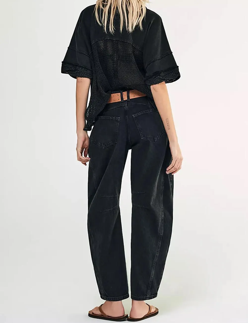 Black Mid Rise Wide Leg Barrel Jeans