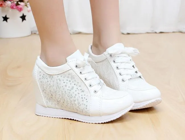 Black White Hidden Wedge Heels Fashion Women's Elevator Shoes Casual Shoes For Women wedge heel Rhinestone