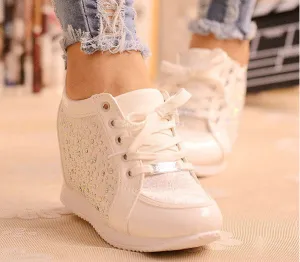 Black White Hidden Wedge Heels Fashion Women's Elevator Shoes Casual Shoes For Women wedge heel Rhinestone