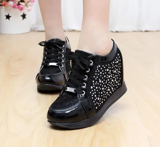 Black White Hidden Wedge Heels Fashion Women's Elevator Shoes Casual Shoes For Women wedge heel Rhinestone