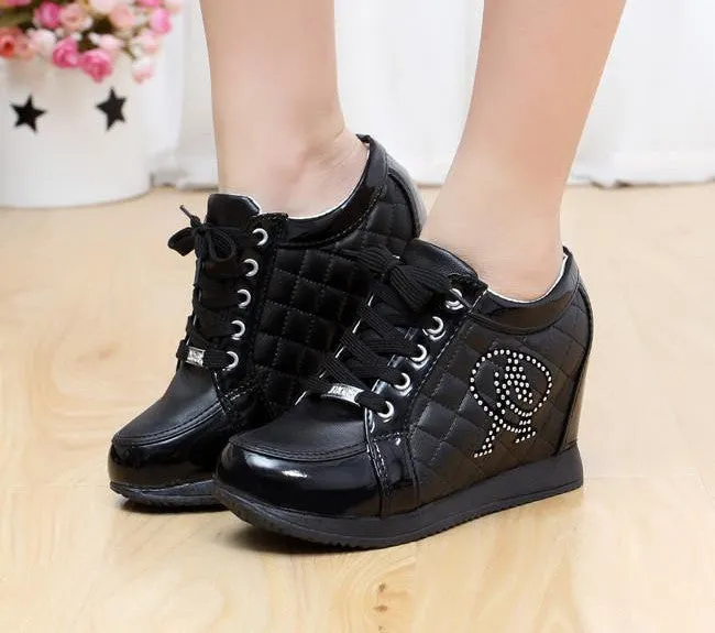 Black White Hidden Wedge Heels Fashion Women's Elevator Shoes Casual Shoes For Women wedge heel Rhinestone
