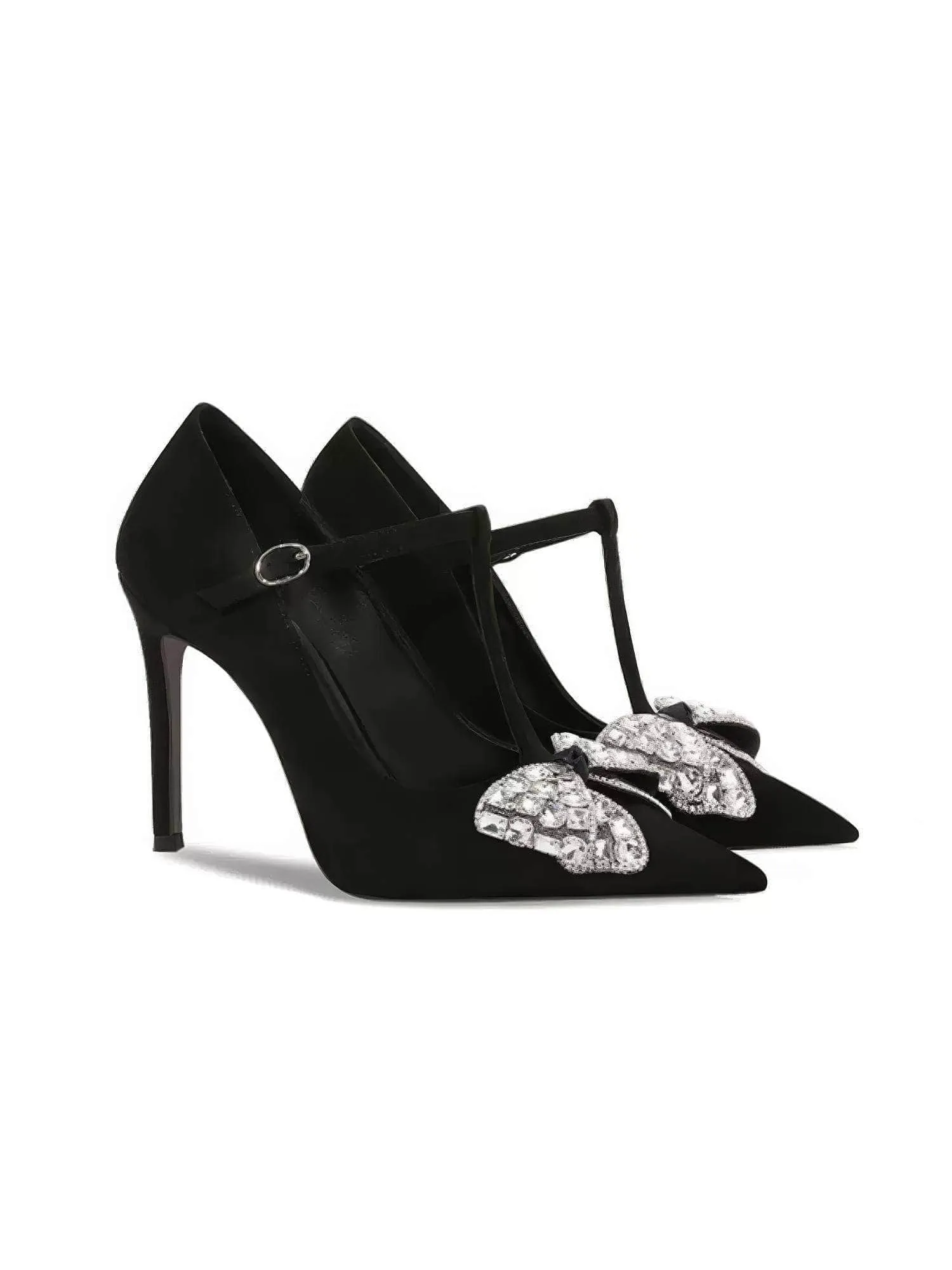 Bow Rhinestone Metal Deco Ankle Cut Out Pointy Toe Heels