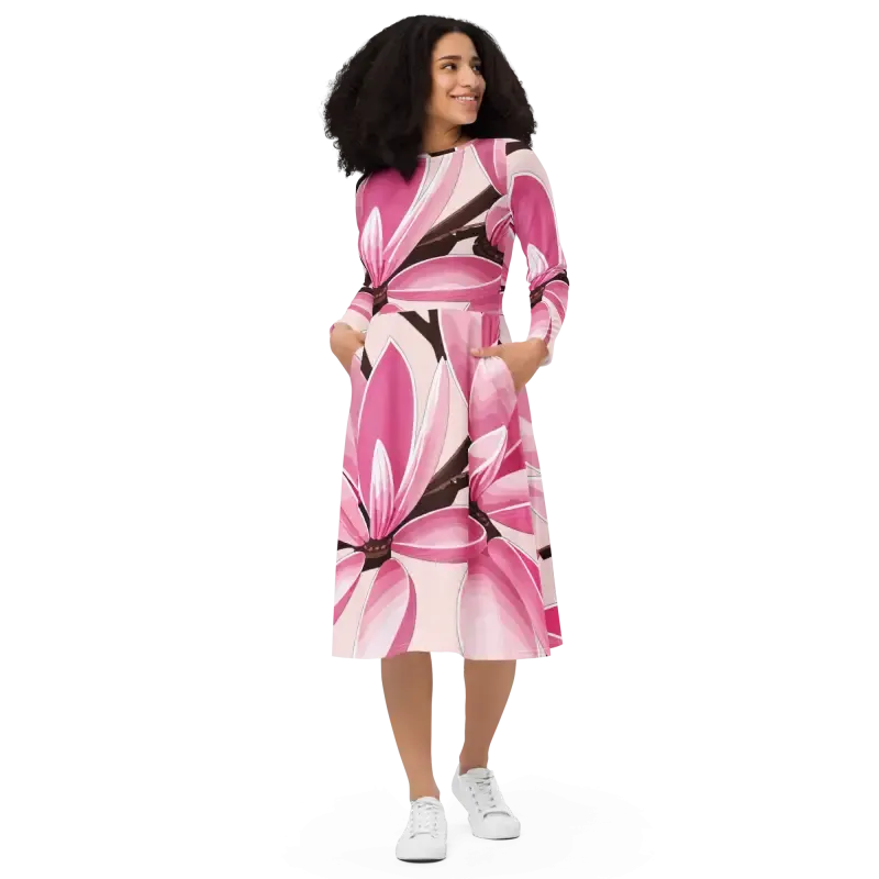 Captivate Pink Magnolias Print Long Sleeve Midi Dress