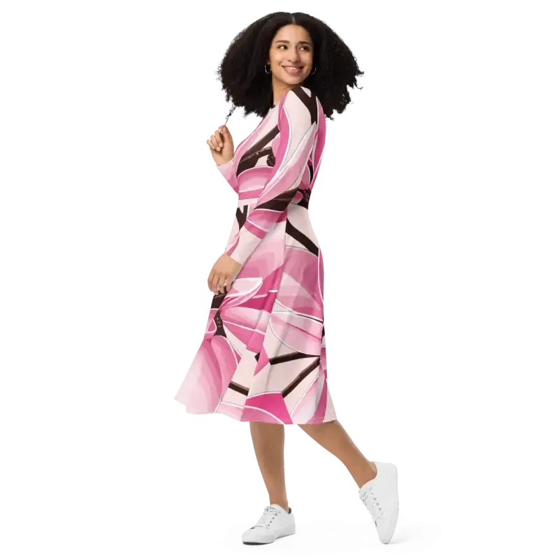 Captivate Pink Magnolias Print Long Sleeve Midi Dress