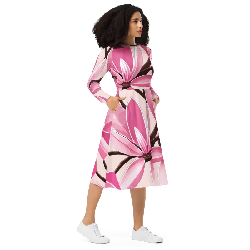 Captivate Pink Magnolias Print Long Sleeve Midi Dress