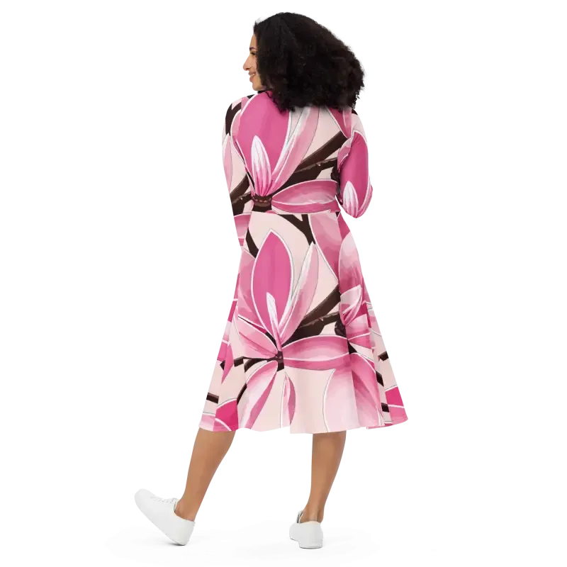 Captivate Pink Magnolias Print Long Sleeve Midi Dress
