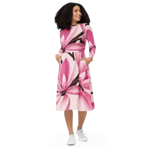 Captivate Pink Magnolias Print Long Sleeve Midi Dress