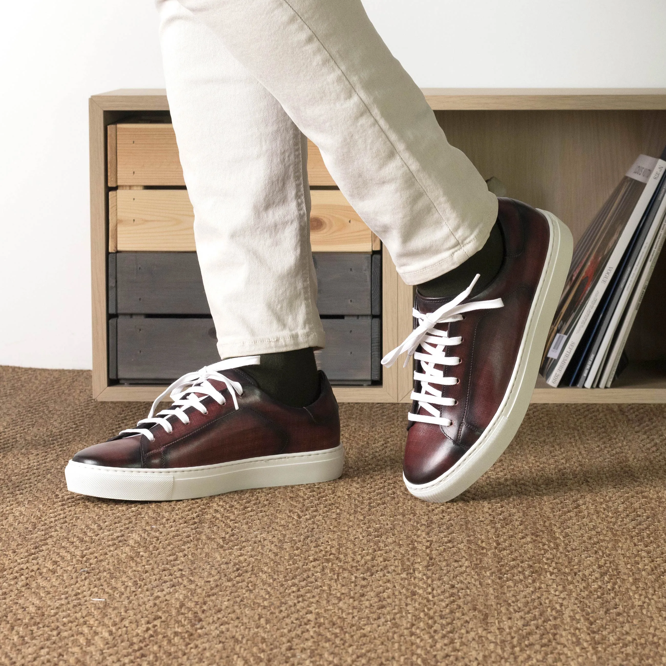 DapperFam Rivale in Burgundy Men's Hand-Painted Patina Trainer
