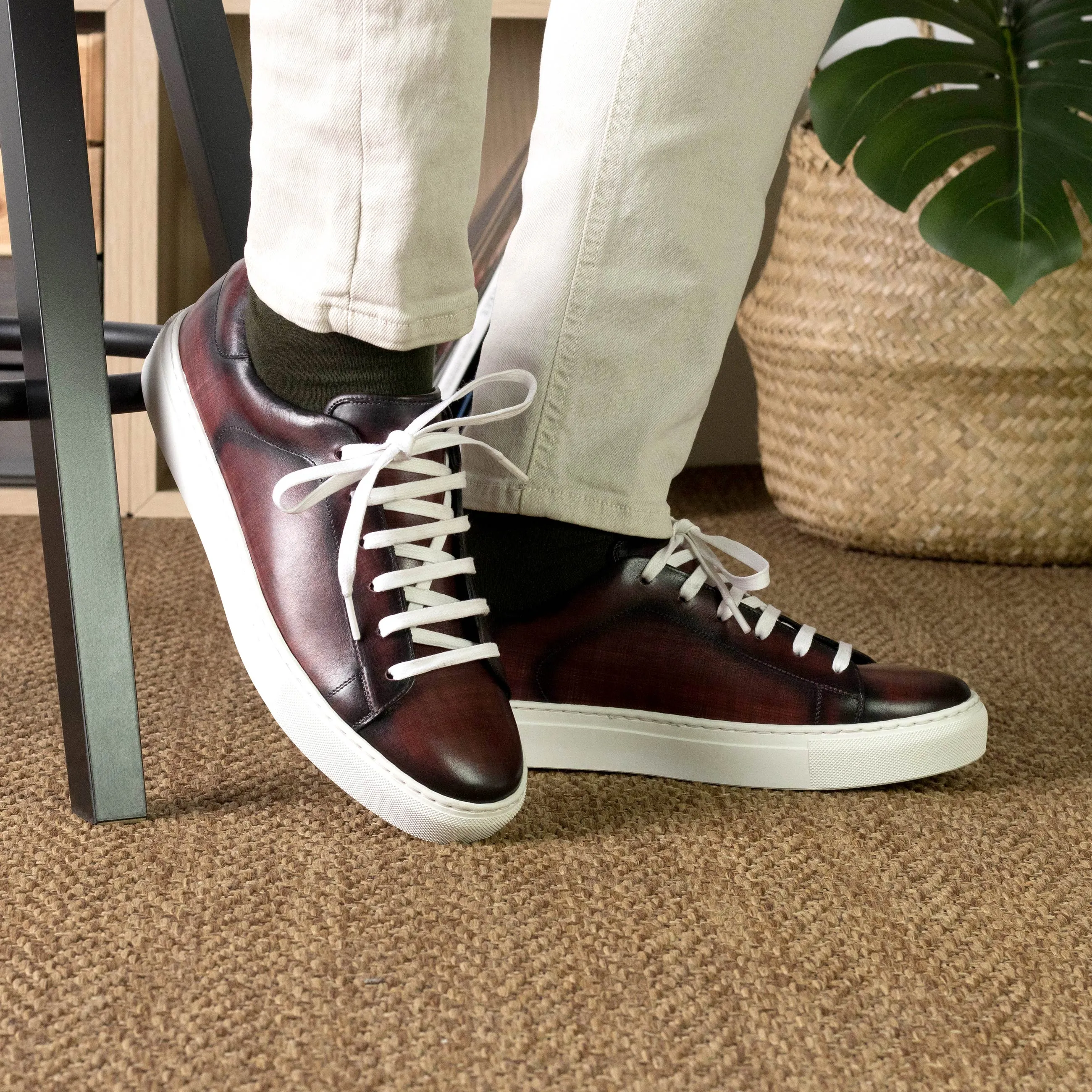 DapperFam Rivale in Burgundy Men's Hand-Painted Patina Trainer