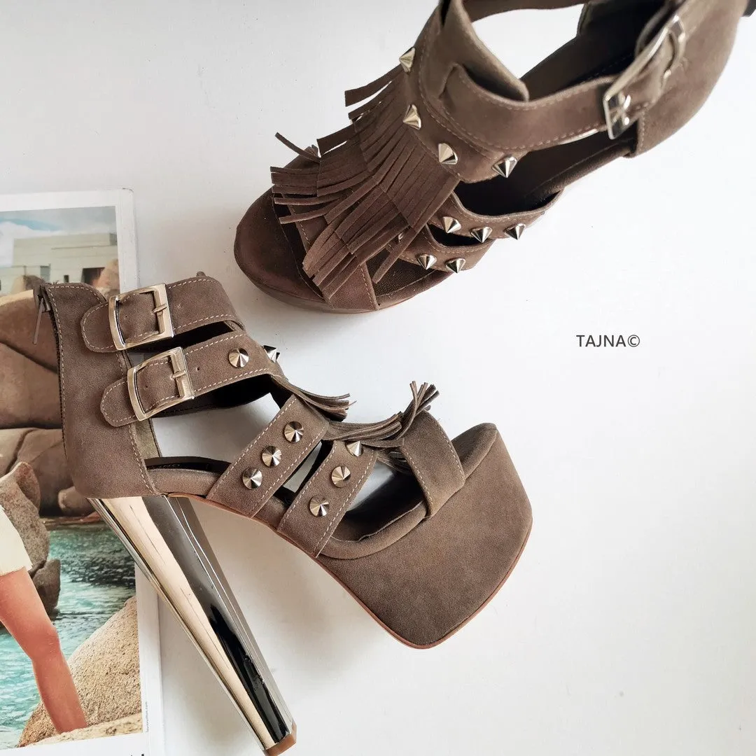 Dark Beige Fringe Platform Heels