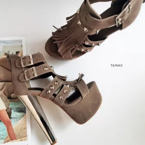 Dark Beige Fringe Platform Heels