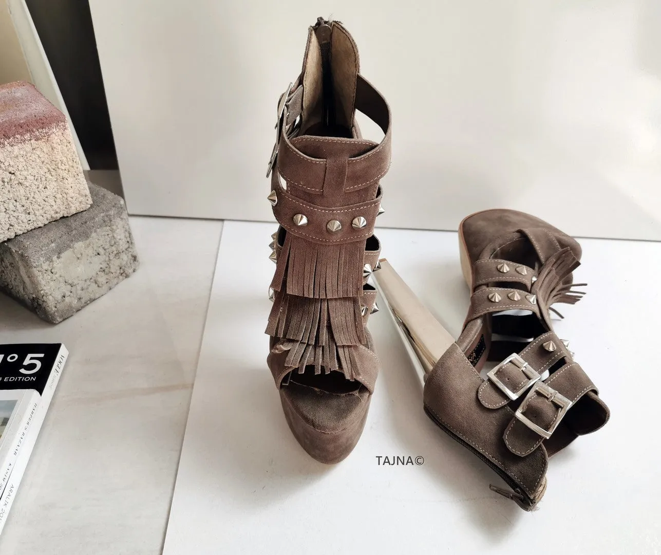 Dark Beige Fringe Platform Heels