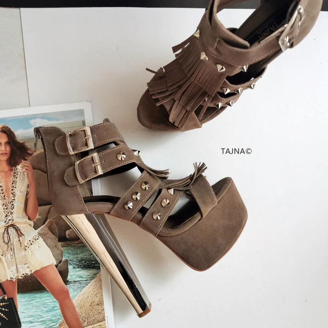 Dark Beige Fringe Platform Heels