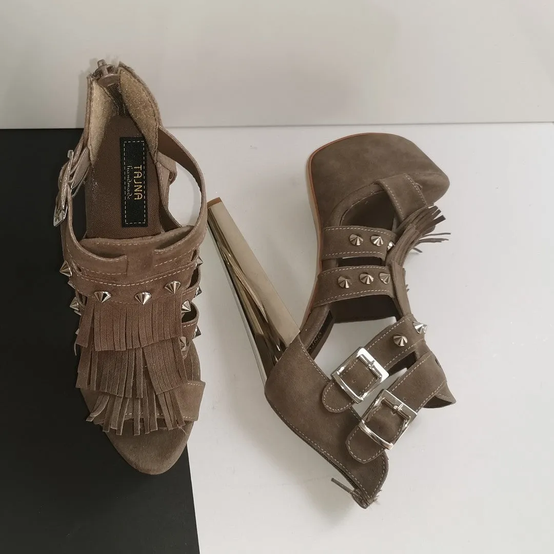 Dark Beige Fringe Platform Heels