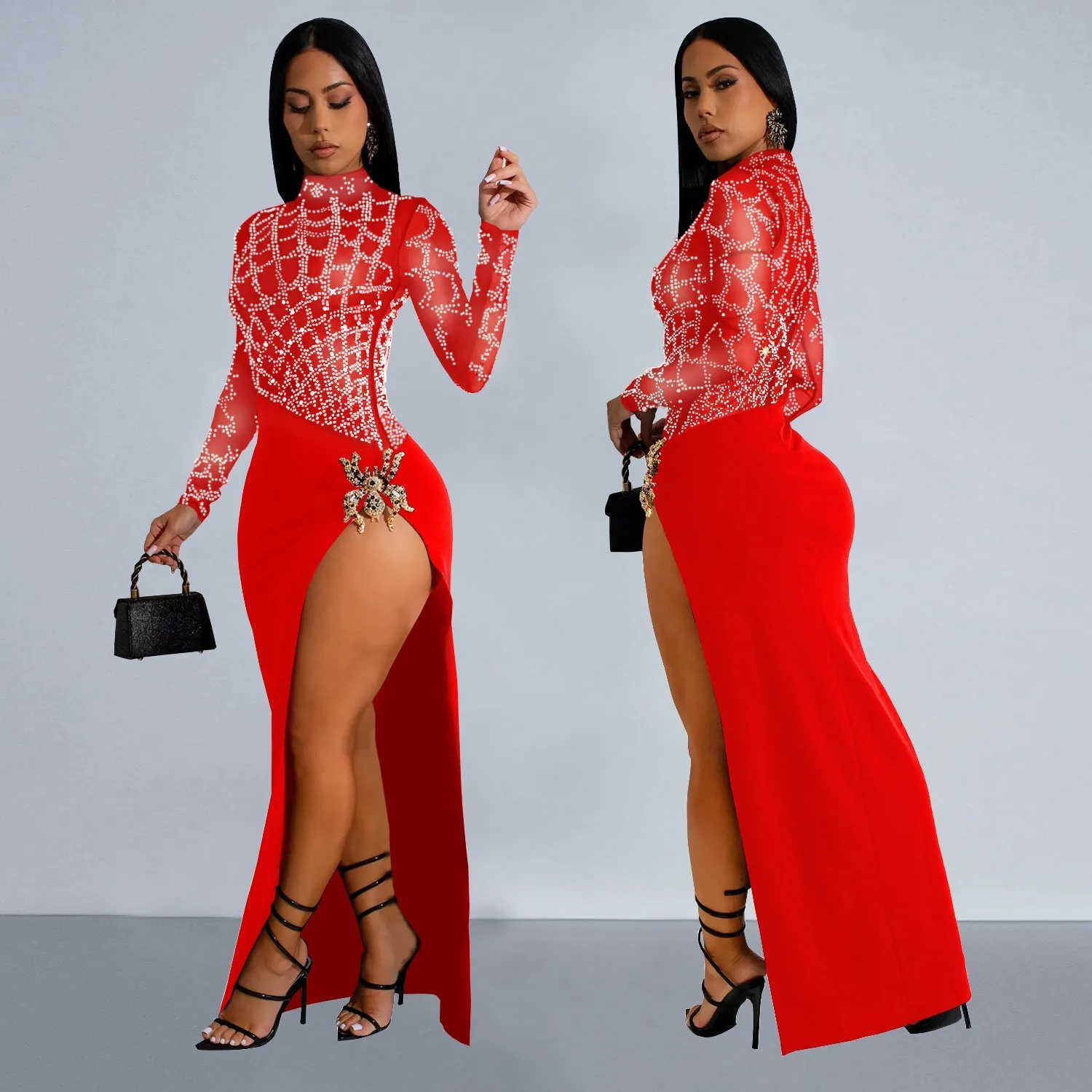 Dazzling Beaded Hollow Long-Sleeve Slit Dress for Unforgettable Nights