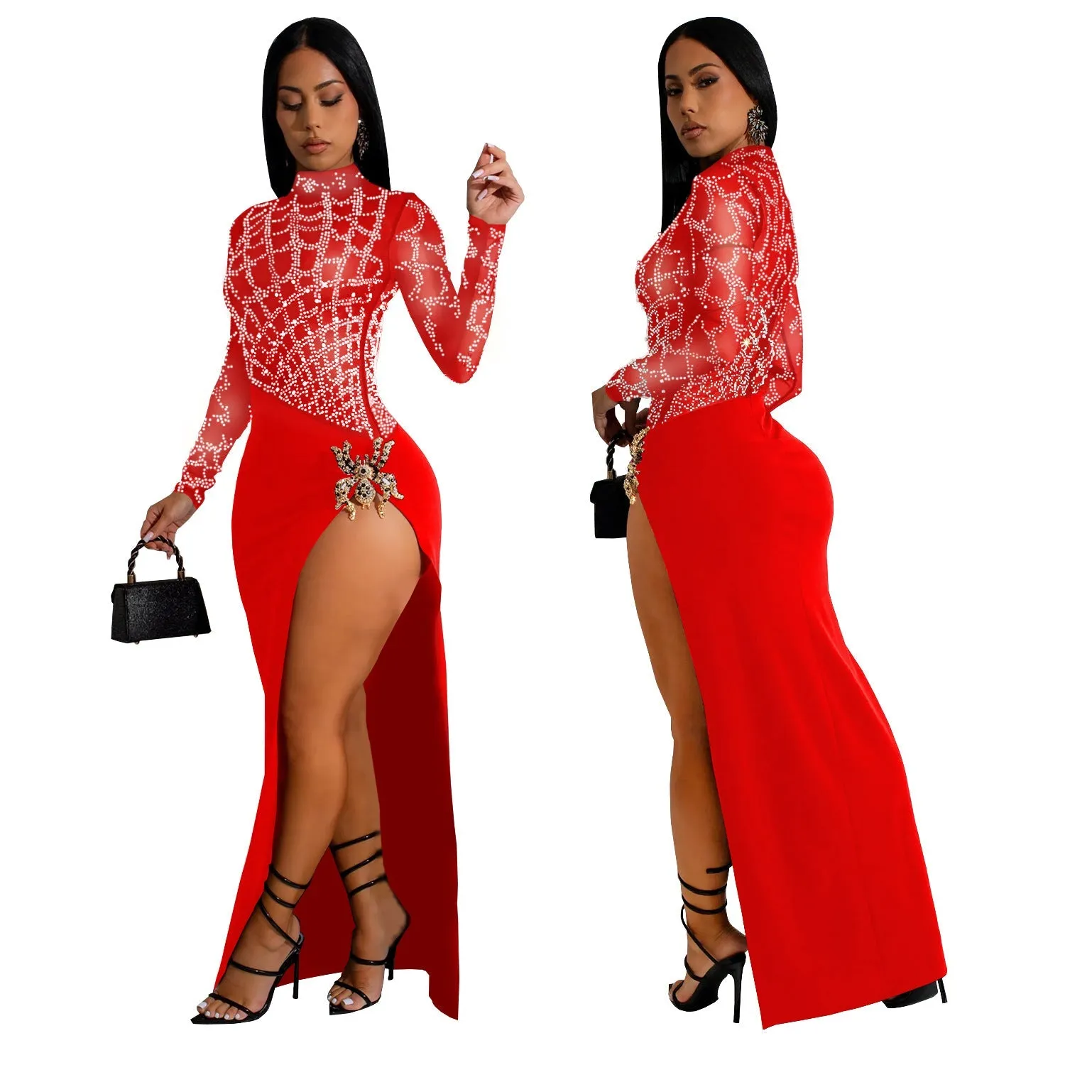 Dazzling Beaded Hollow Long-Sleeve Slit Dress for Unforgettable Nights