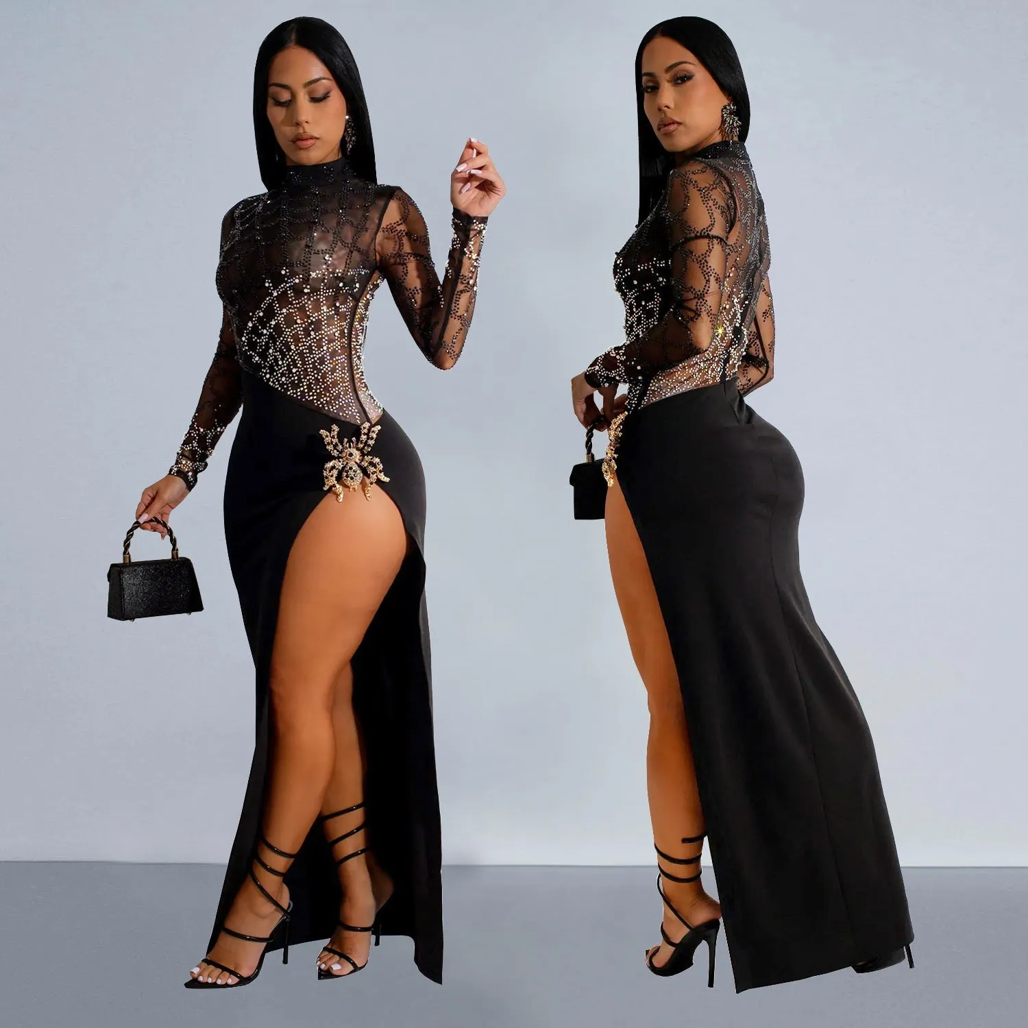 Dazzling Beaded Hollow Long-Sleeve Slit Dress for Unforgettable Nights