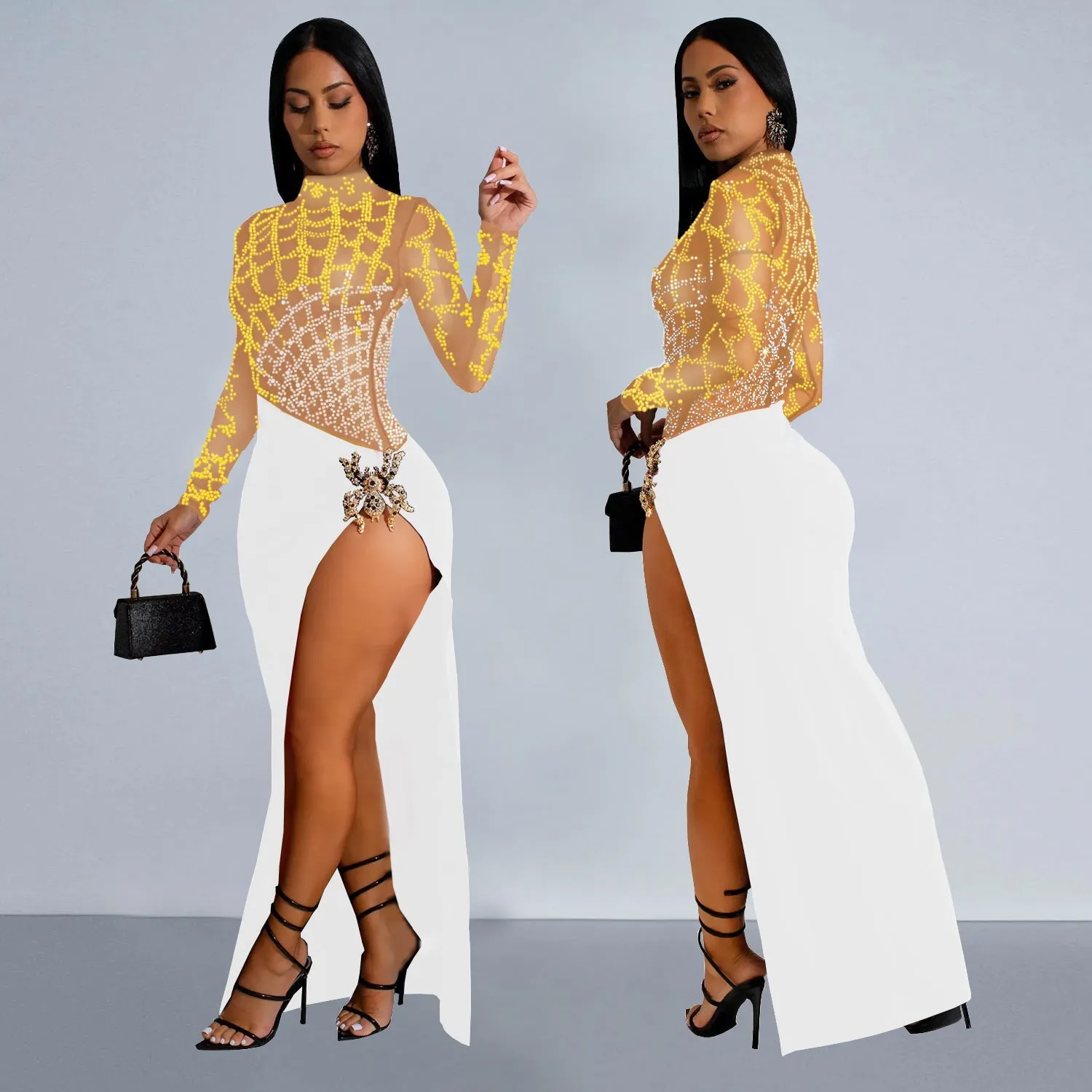 Dazzling Beaded Hollow Long-Sleeve Slit Dress for Unforgettable Nights