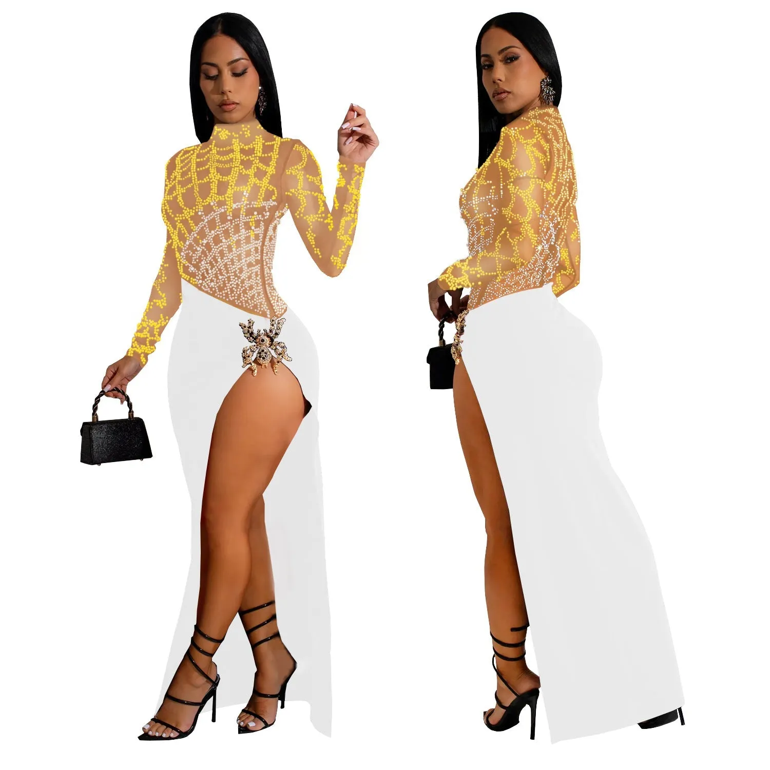 Dazzling Beaded Hollow Long-Sleeve Slit Dress for Unforgettable Nights