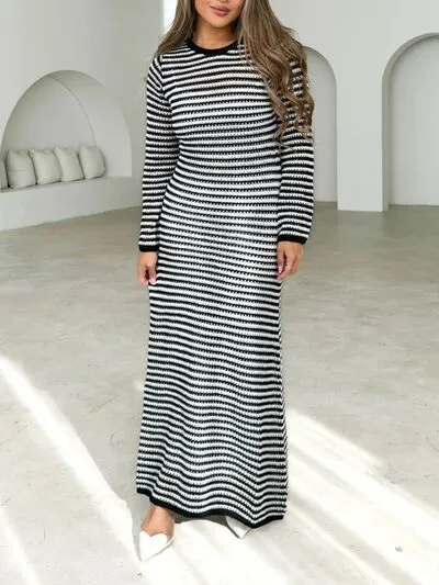 Devine Tied Round Neck Striped Sweater Dress