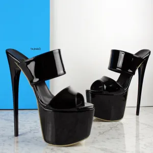 Double Strap Black Patent High Heel Mules