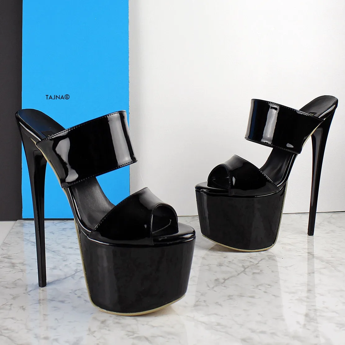 Double Strap Black Patent High Heel Mules
