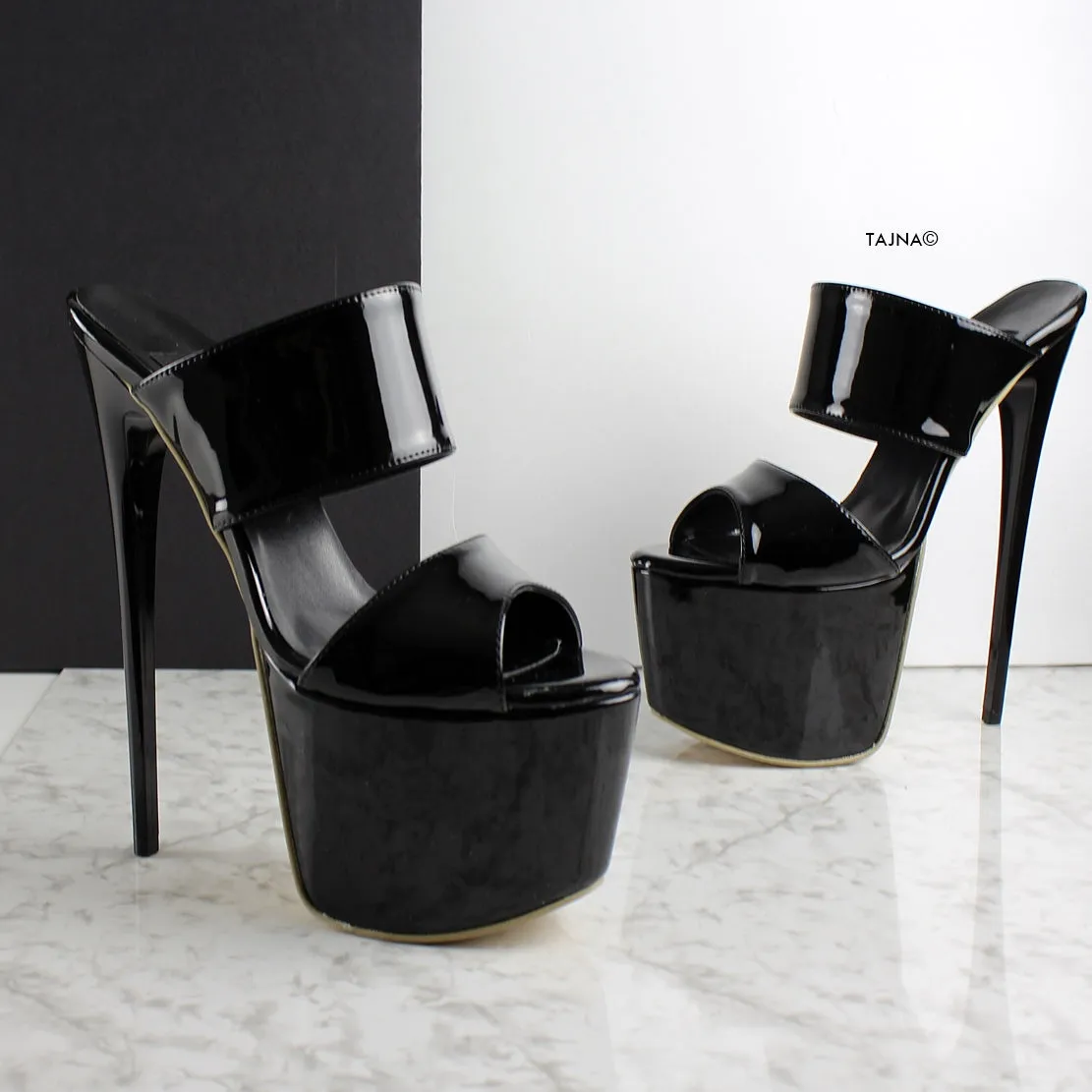 Double Strap Black Patent High Heel Mules