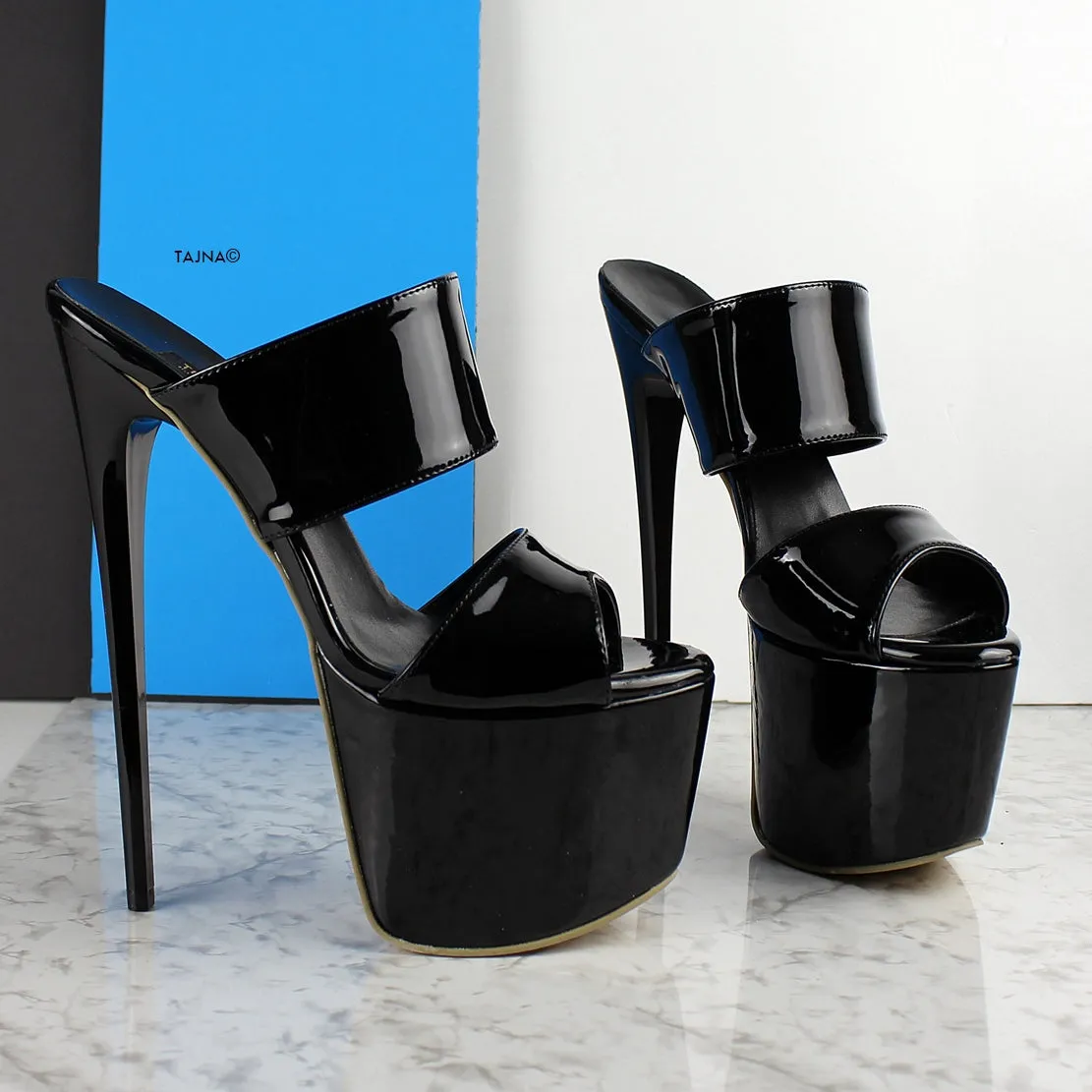 Double Strap Black Patent High Heel Mules