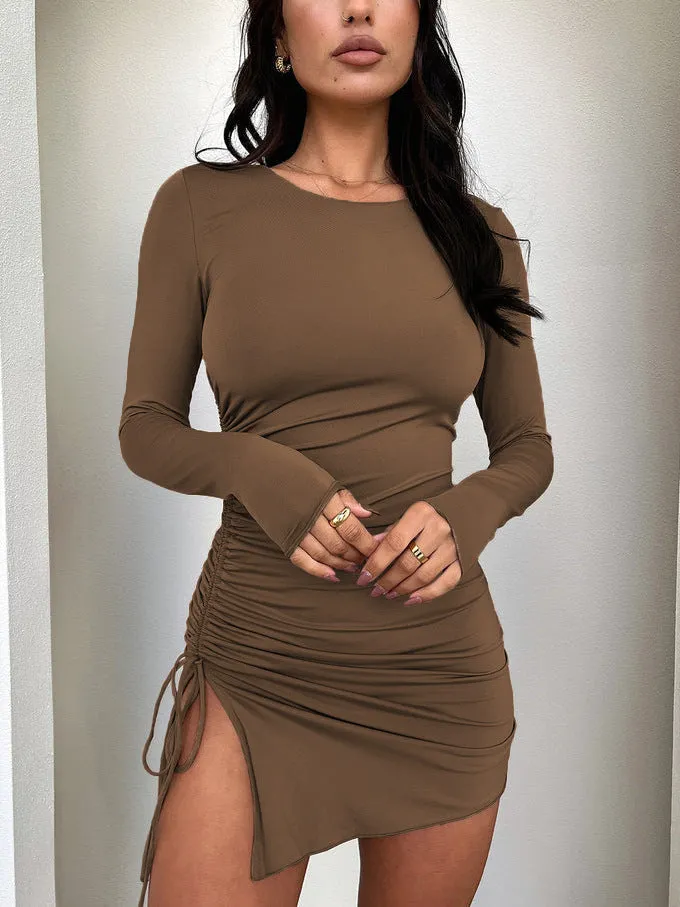 Elegant Drawstring Ruched Long Sleeve Bodycon Mini Dress