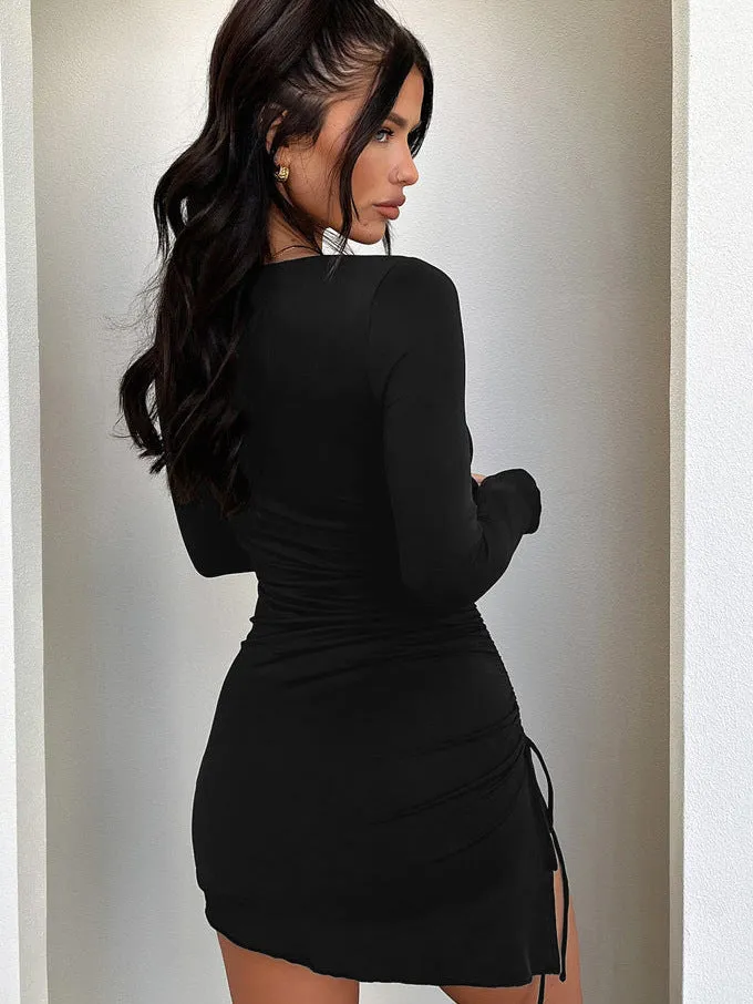 Elegant Drawstring Ruched Long Sleeve Bodycon Mini Dress