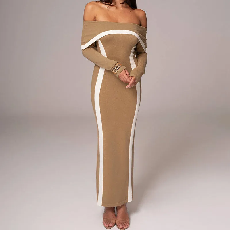 Elegant Knitted Off-Shoulder Contrast Bodycon Dress for Winter