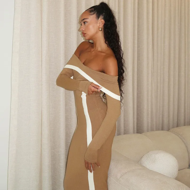 Elegant Knitted Off-Shoulder Contrast Bodycon Dress for Winter
