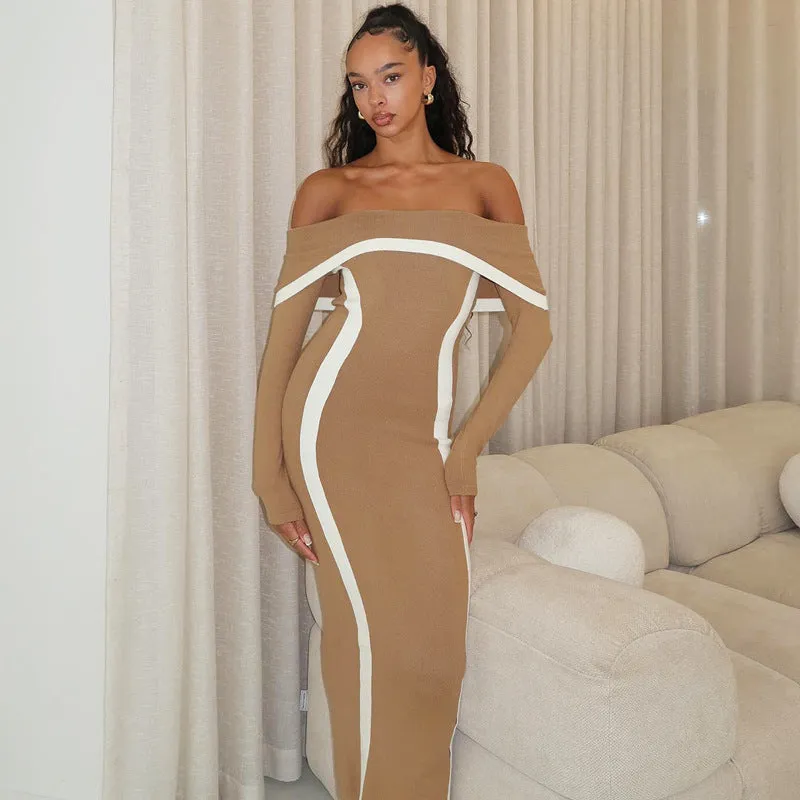 Elegant Knitted Off-Shoulder Contrast Bodycon Dress for Winter