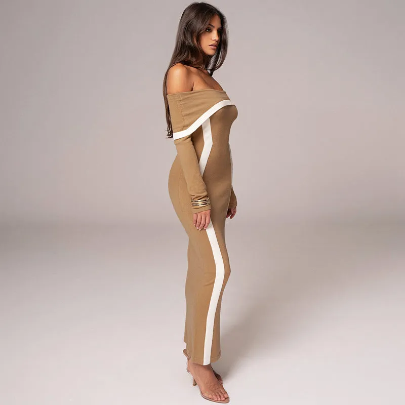 Elegant Knitted Off-Shoulder Contrast Bodycon Dress for Winter
