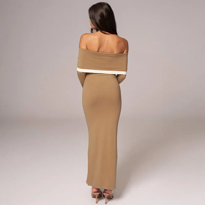 Elegant Knitted Off-Shoulder Contrast Bodycon Dress for Winter