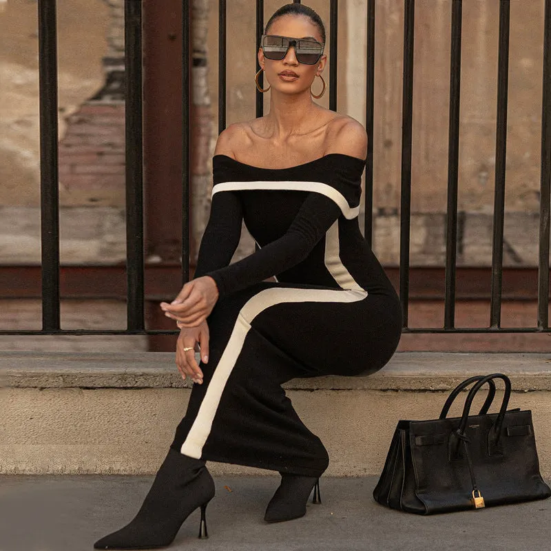 Elegant Knitted Off-Shoulder Contrast Bodycon Dress for Winter