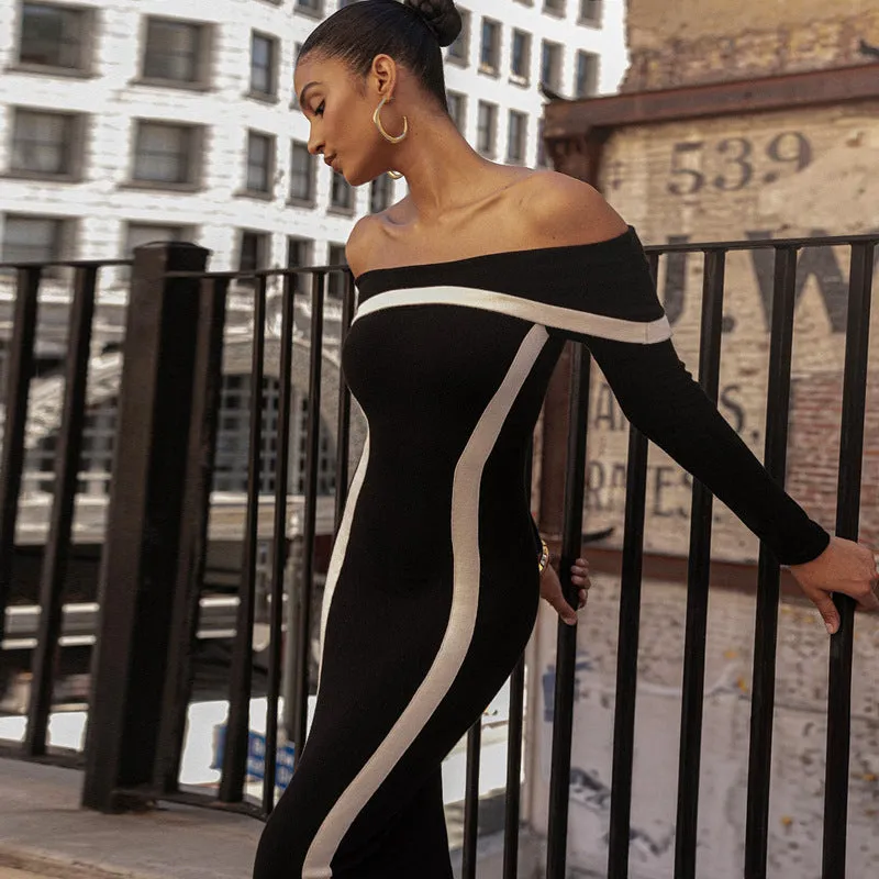 Elegant Knitted Off-Shoulder Contrast Bodycon Dress for Winter