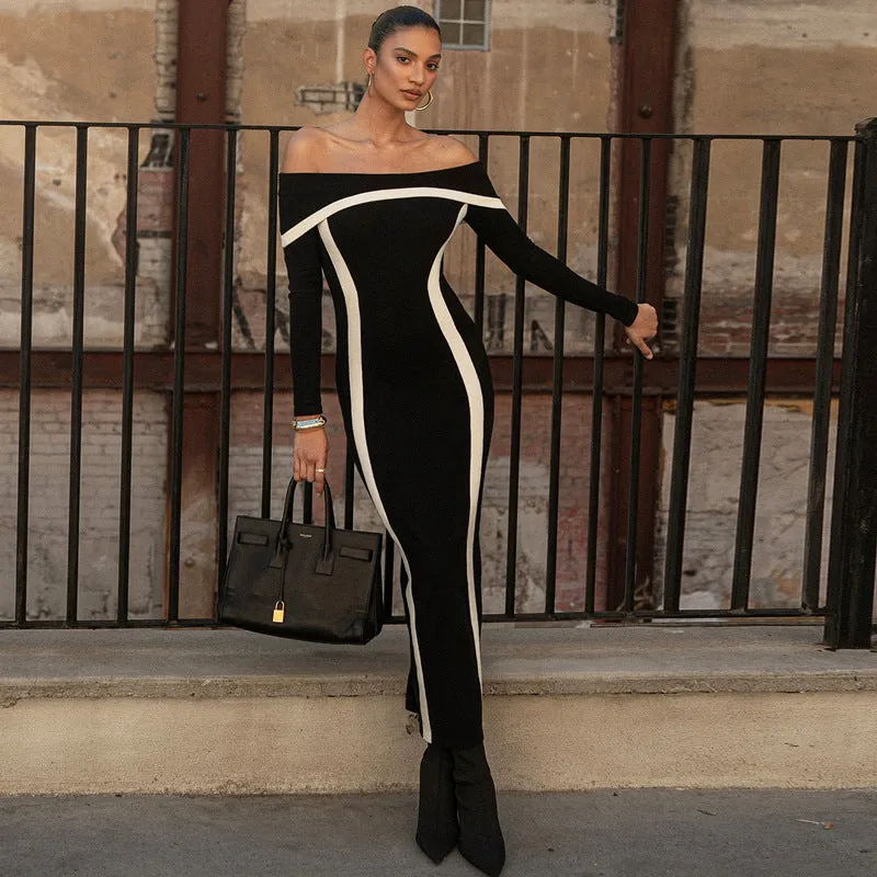 Elegant Knitted Off-Shoulder Contrast Bodycon Dress for Winter