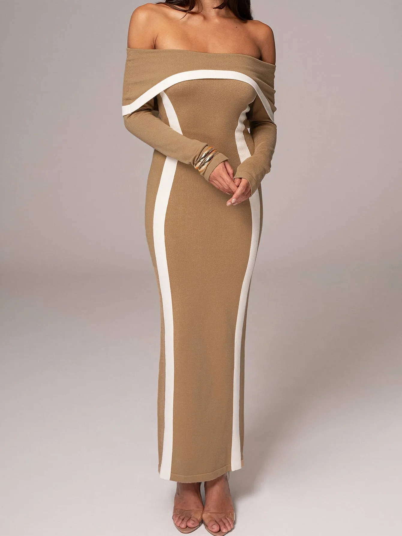 Elegant Knitted Off-Shoulder Contrast Bodycon Dress for Winter