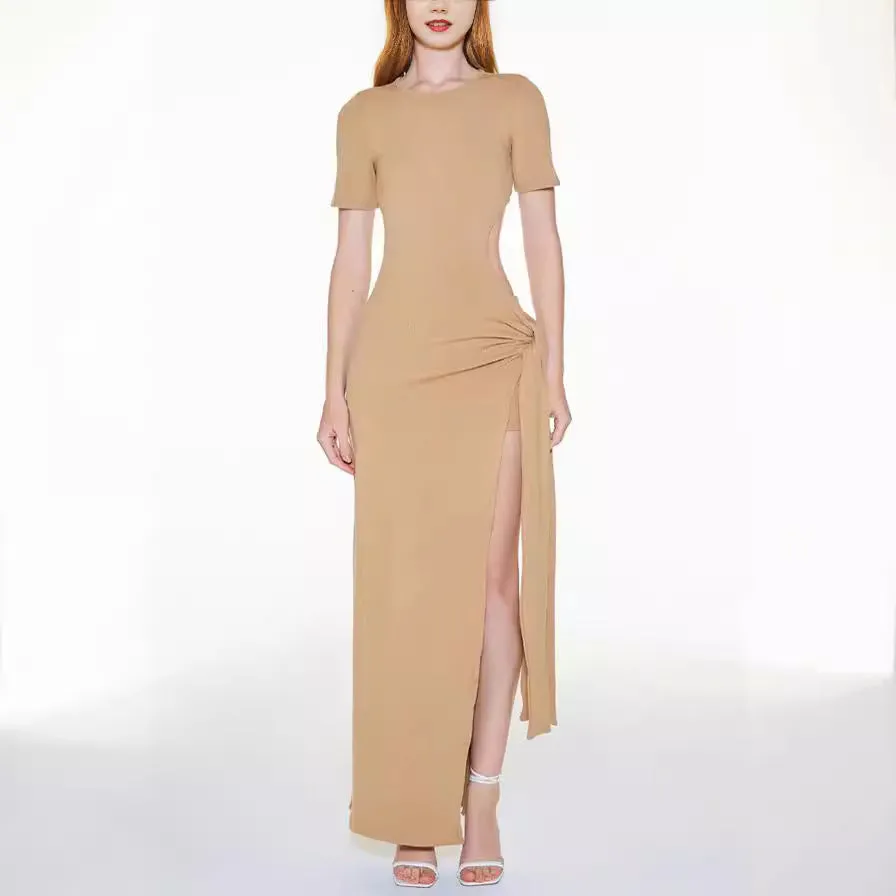 Elegant Lace-Up Low Back Maxi Dress with High Slit Design