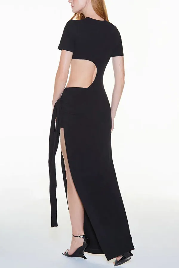 Elegant Lace-Up Low Back Maxi Dress with High Slit Design