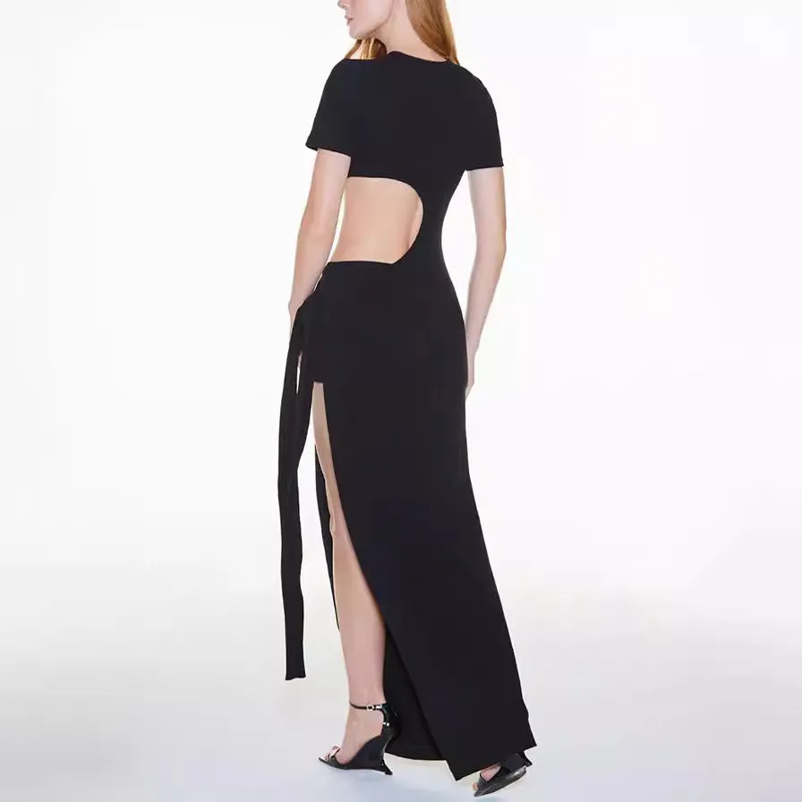 Elegant Lace-Up Low Back Maxi Dress with High Slit Design