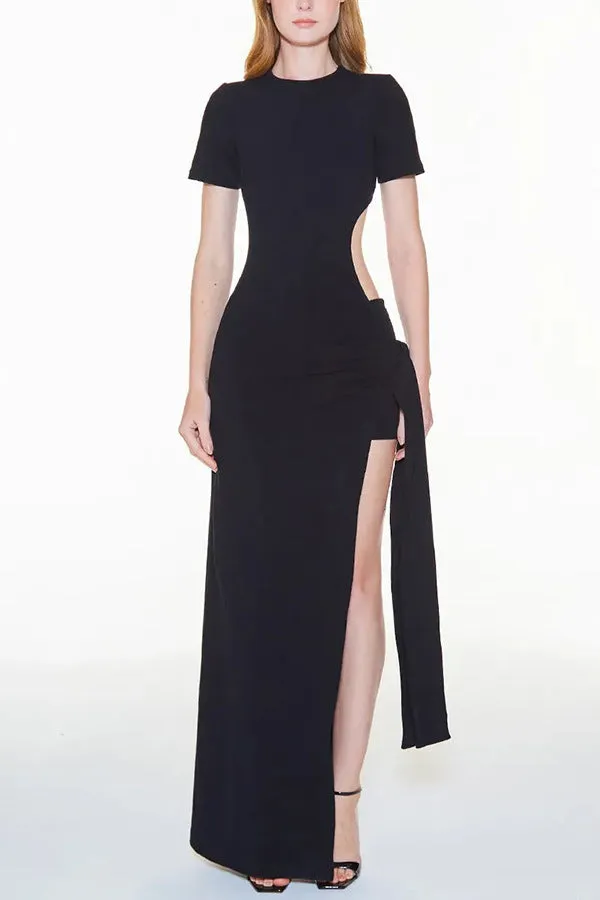 Elegant Lace-Up Low Back Maxi Dress with High Slit Design