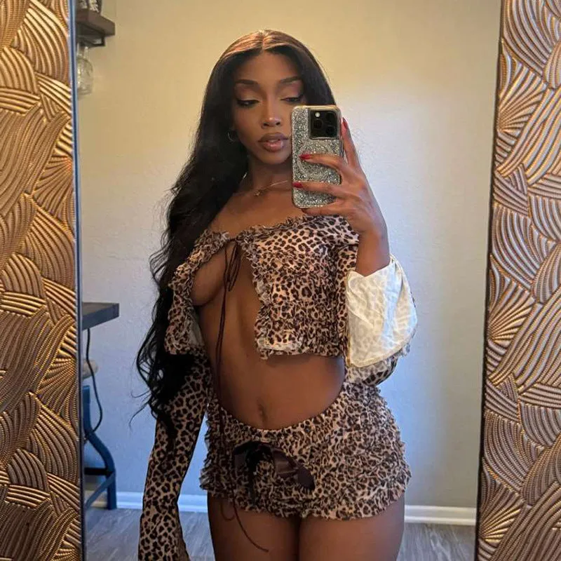 Fierce and Flirty Leopard Print Lace-Up Two-Piece Short Set