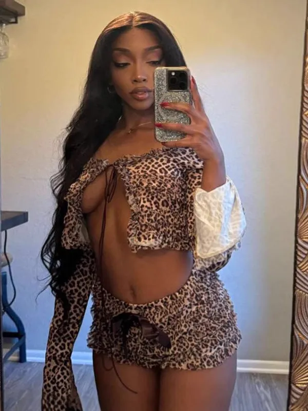 Fierce and Flirty Leopard Print Lace-Up Two-Piece Short Set