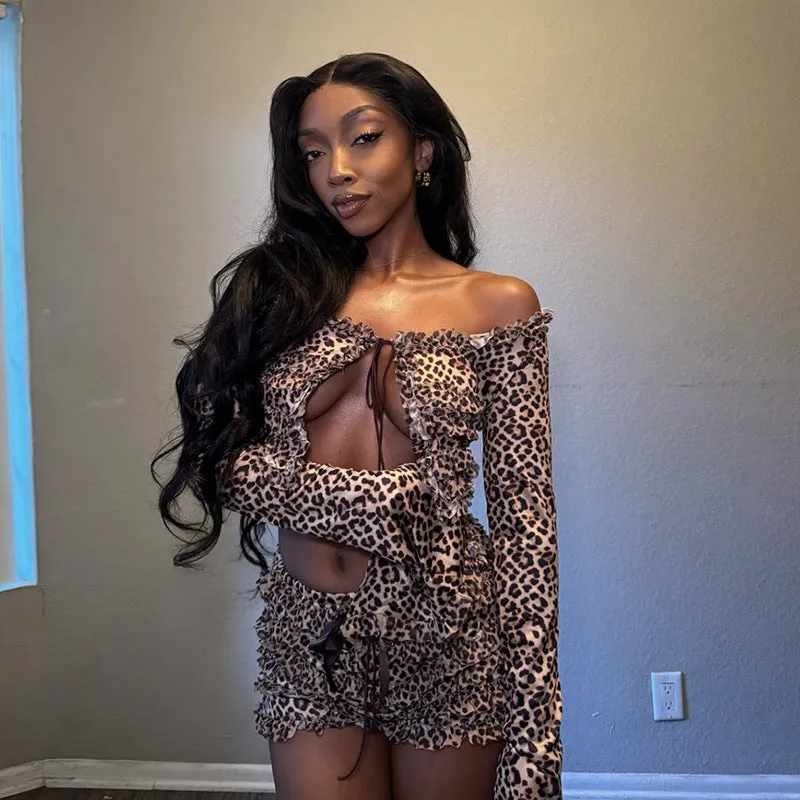 Fierce and Flirty Leopard Print Lace-Up Two-Piece Short Set